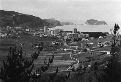 Zarauzko baserri baten panoramika; atzean, hondartza ikusten da